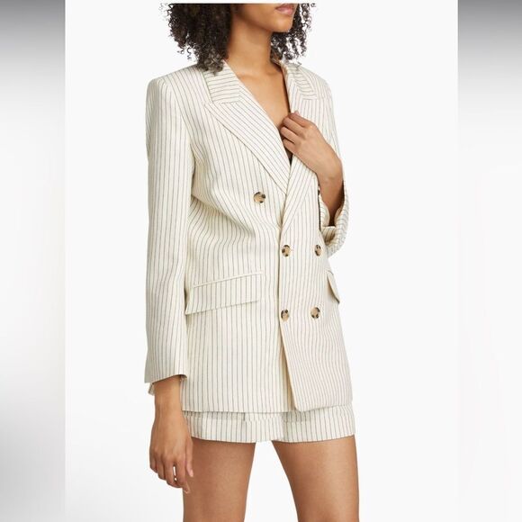 NEW Frame Pinstripe Cotton-Linen Double Breasted Blazer Cream Multi Size 2 - Picture 8 of 14